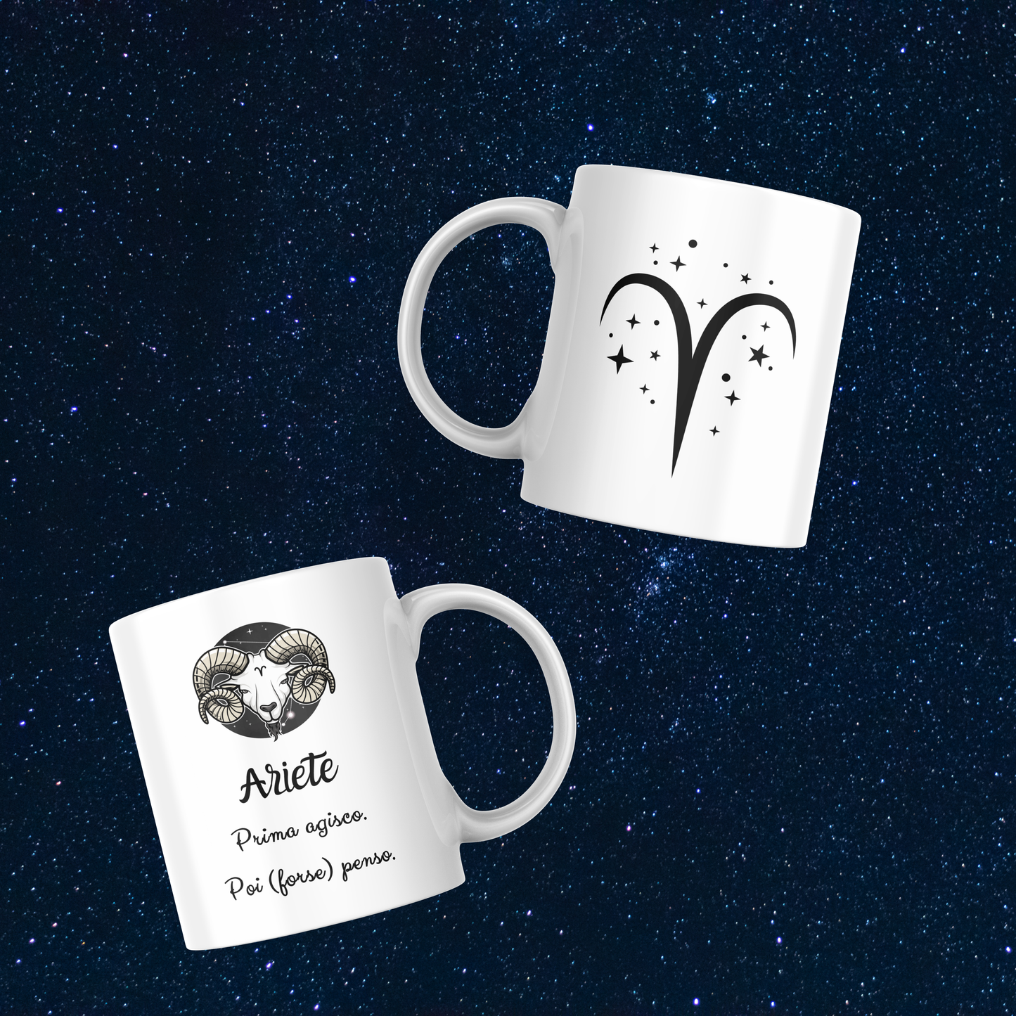 Fronte e retro tazza zodiacale Ariete su sfondo cielo stellato