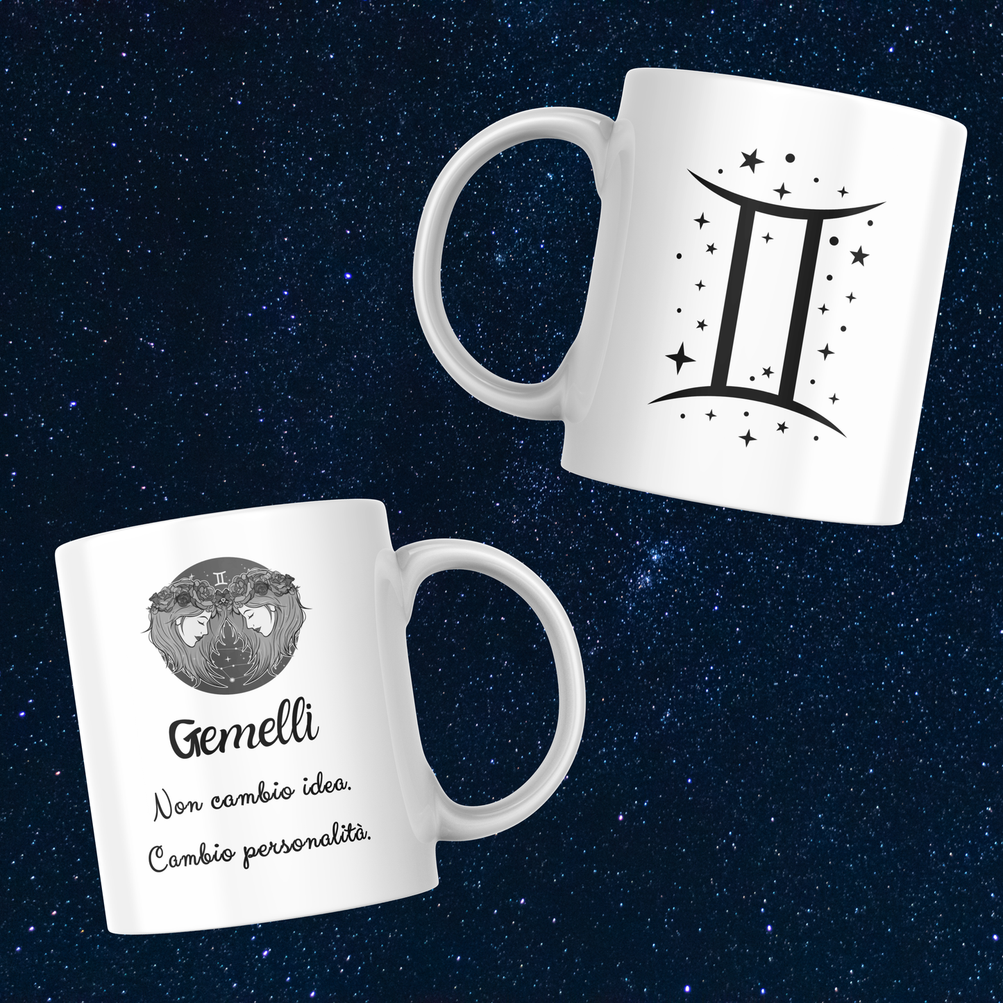 Fronte e retro tazza zodiacale Gemelli su sfondo cielo stellato
