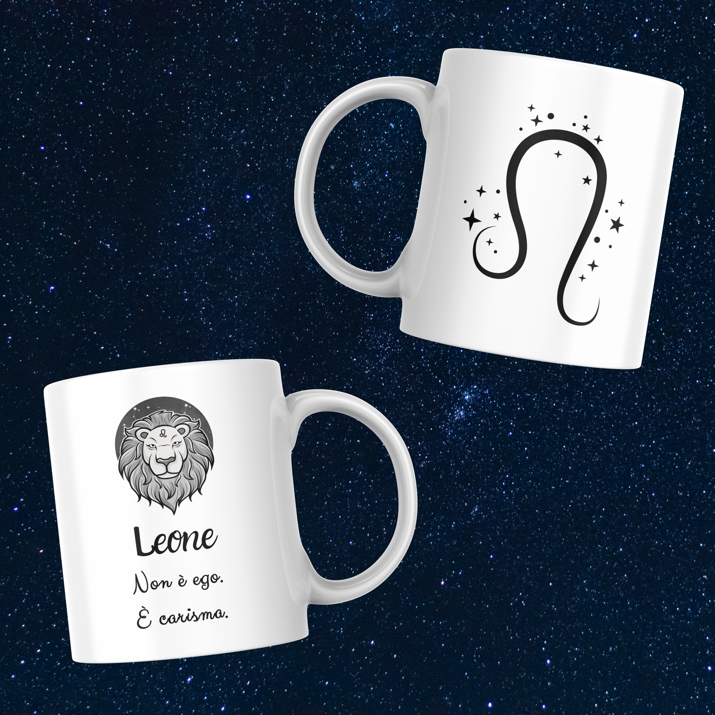 Fronte e retro tazza zodiacale Leone su sfondo cielo stellato