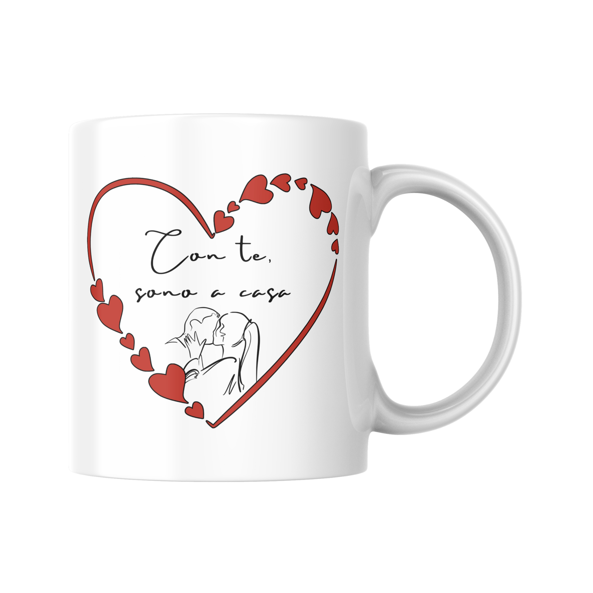 Fronte tazza con scritta "Con te, sono a casa" all'interno di cornice a cuore e con disegno stilizzato di un bacio tra due innamorati