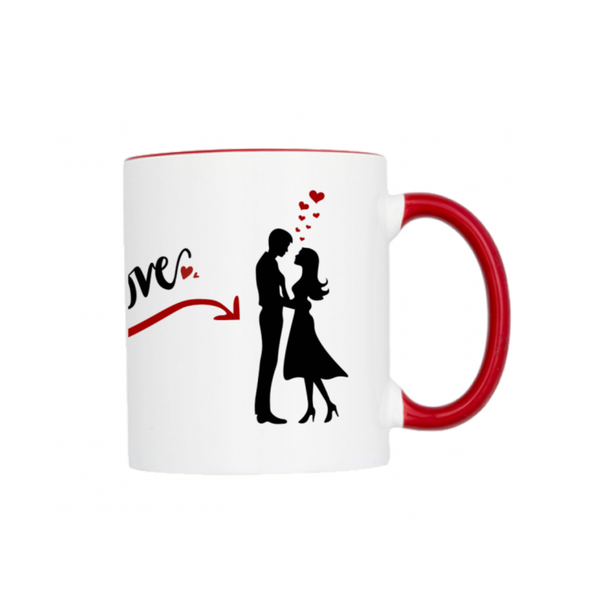 Fronte tazza panoramica con coppia di innamorati colpita dall'amore con la freccia di Cupido