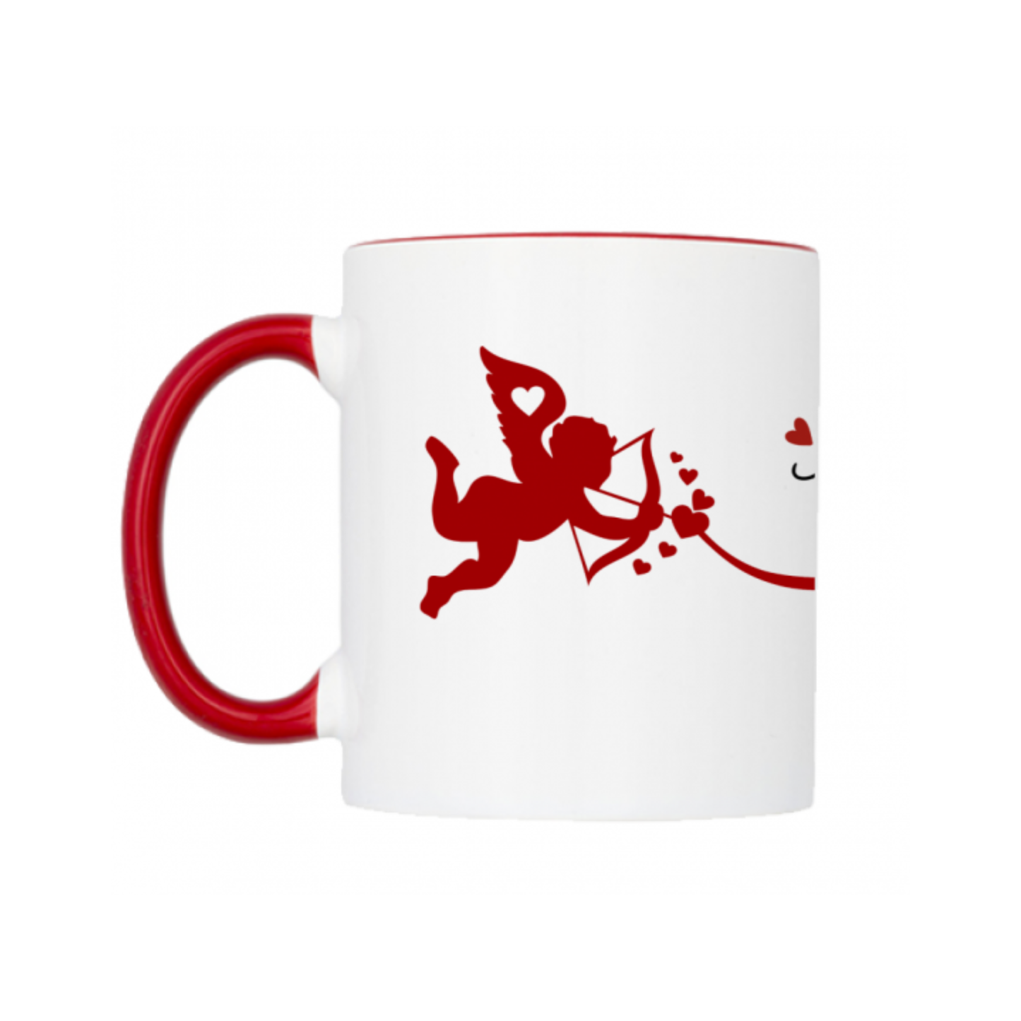 Retro tazza panoramica con Cupido che scocca la freccia colpendo una coppia di innamorati 