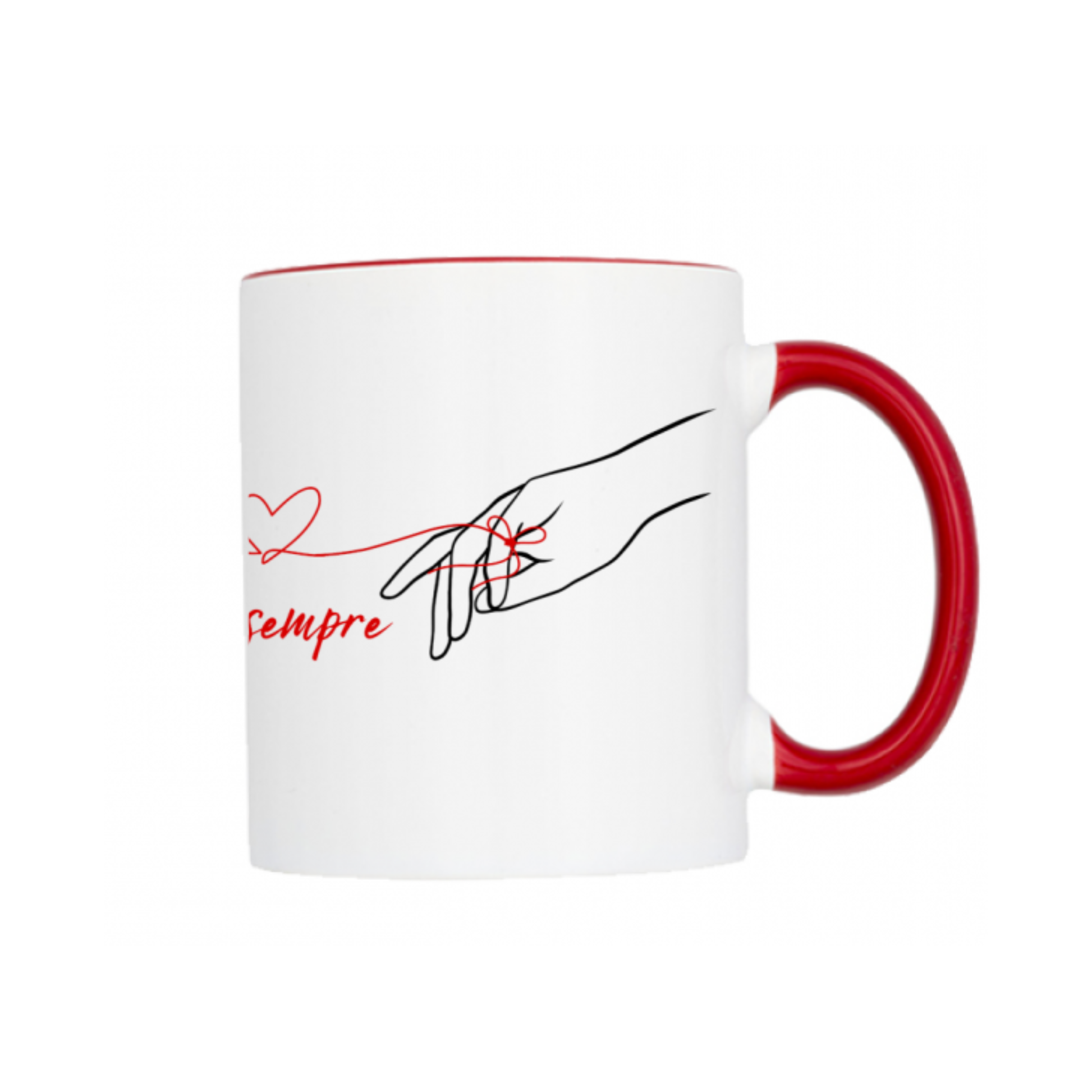 Fronte tazza con disegno mani legate da un filo rosso e scritta "Per sempre"