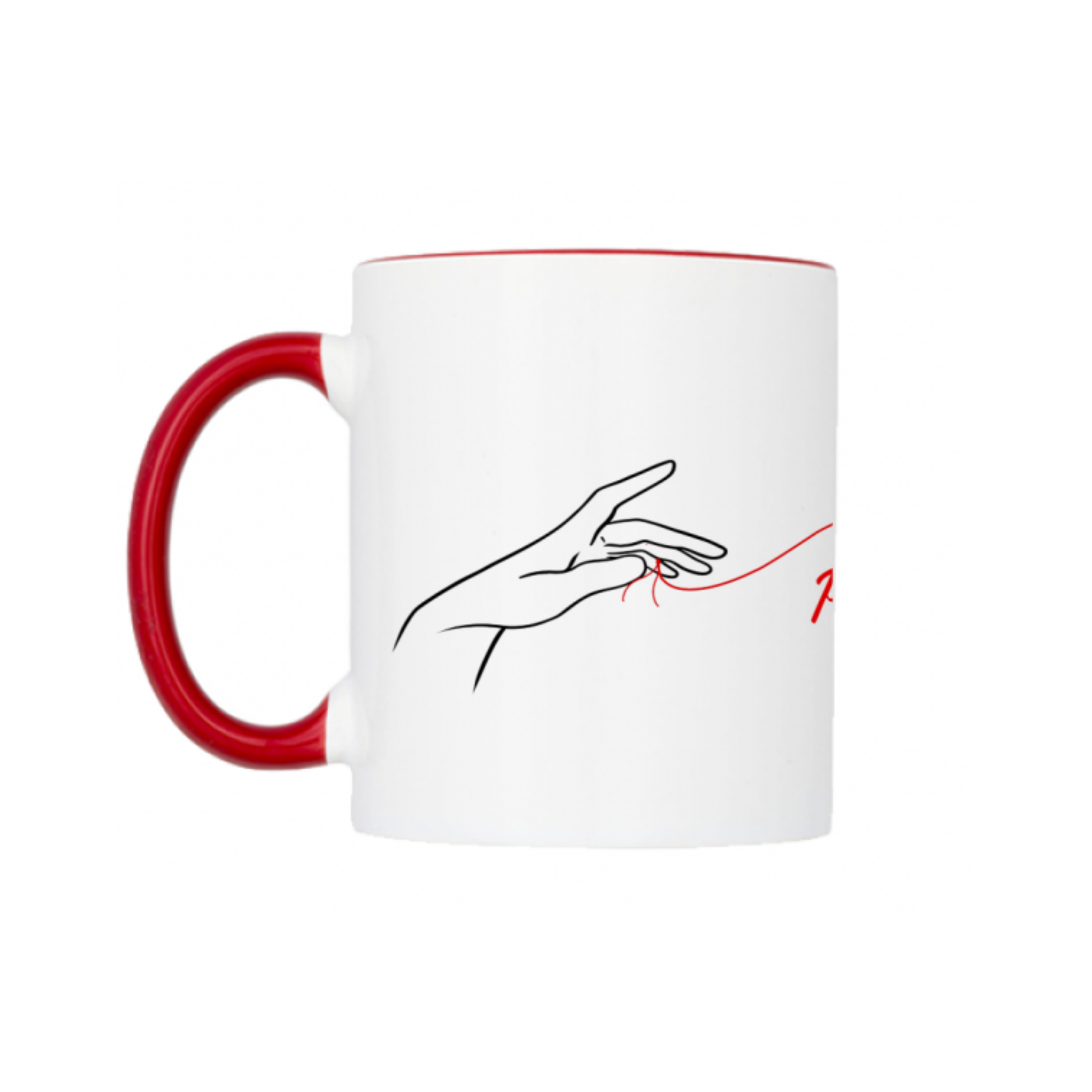 Retro tazza con disegno mani legate da un filo rosso e scritta "Per sempre"