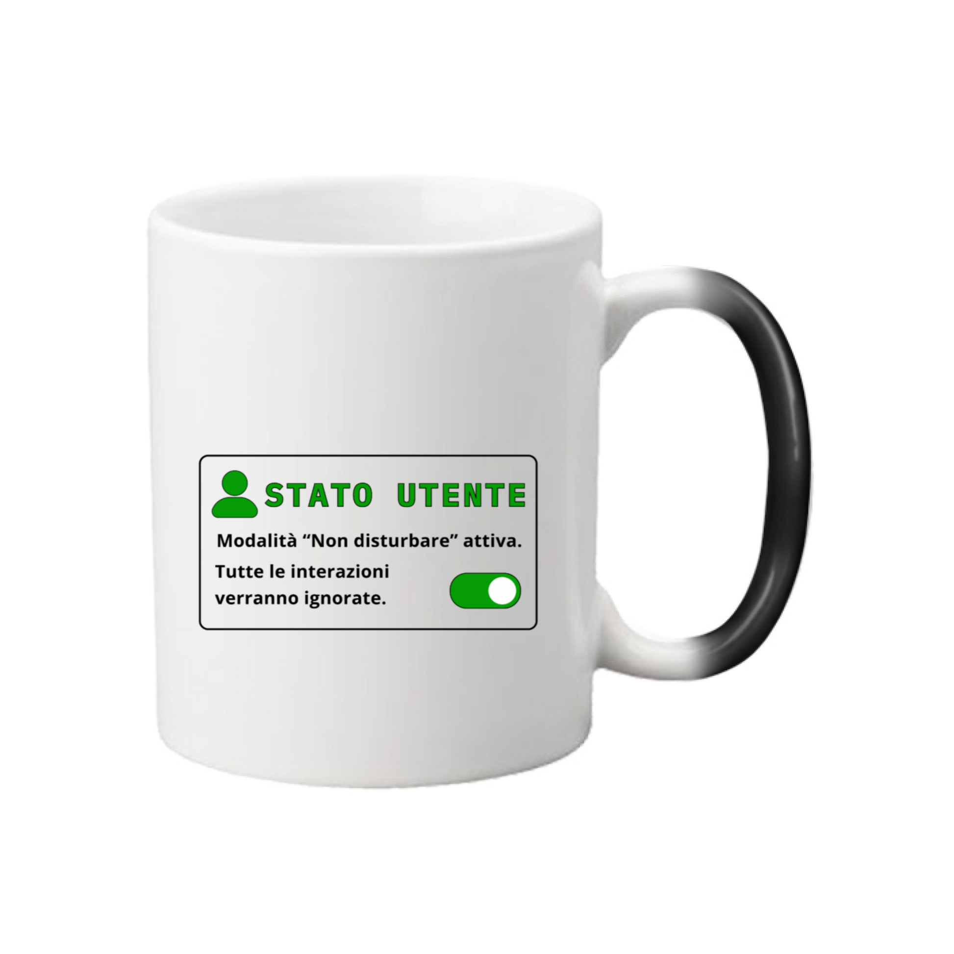Tazza magica calda con scritta "STATO UTENTE - Modalità non disturbare attiva. Tutte le interazioni verranno ignorate."