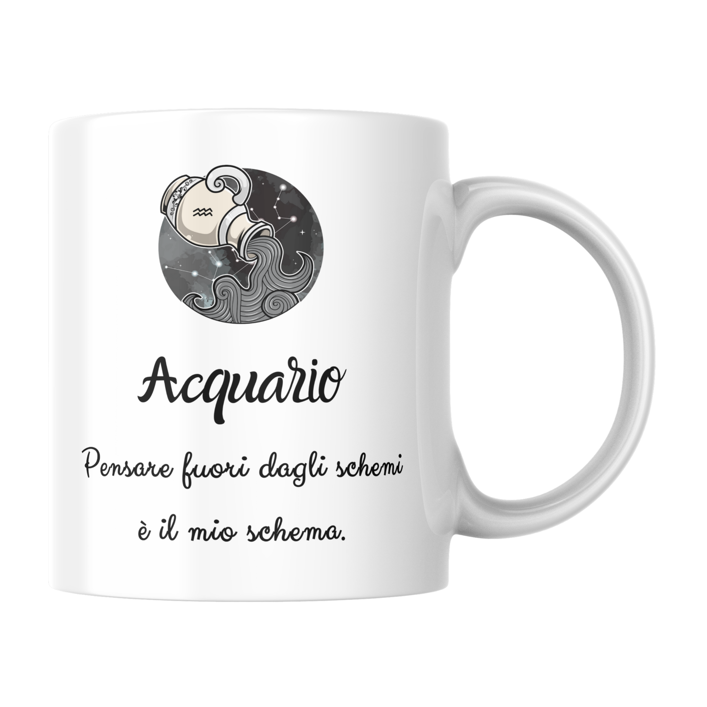 Tazza bianca con immagine stilizzata segno Acquario e scritta "Acquario: pensare fuori dagli schemi è il mio schema" (fronte)