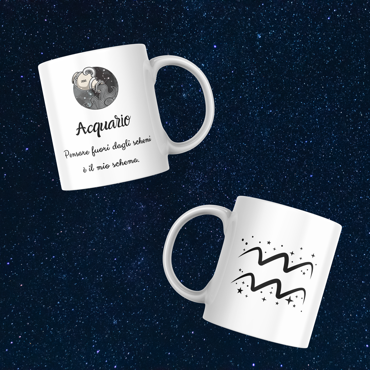 Fronte e retro tazza zodiacale Acquario su sfondo cielo stellato