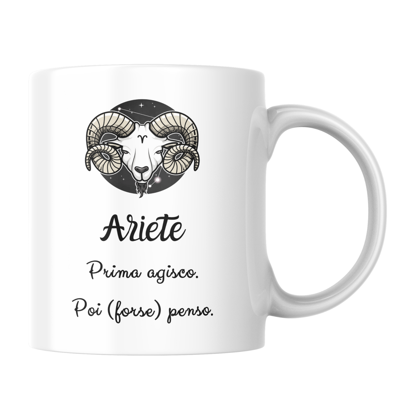 Tazza bianca con immagine stilizzata segno Ariete e scritta "Ariete: prima agisco, poi (forse) penso" (fronte)