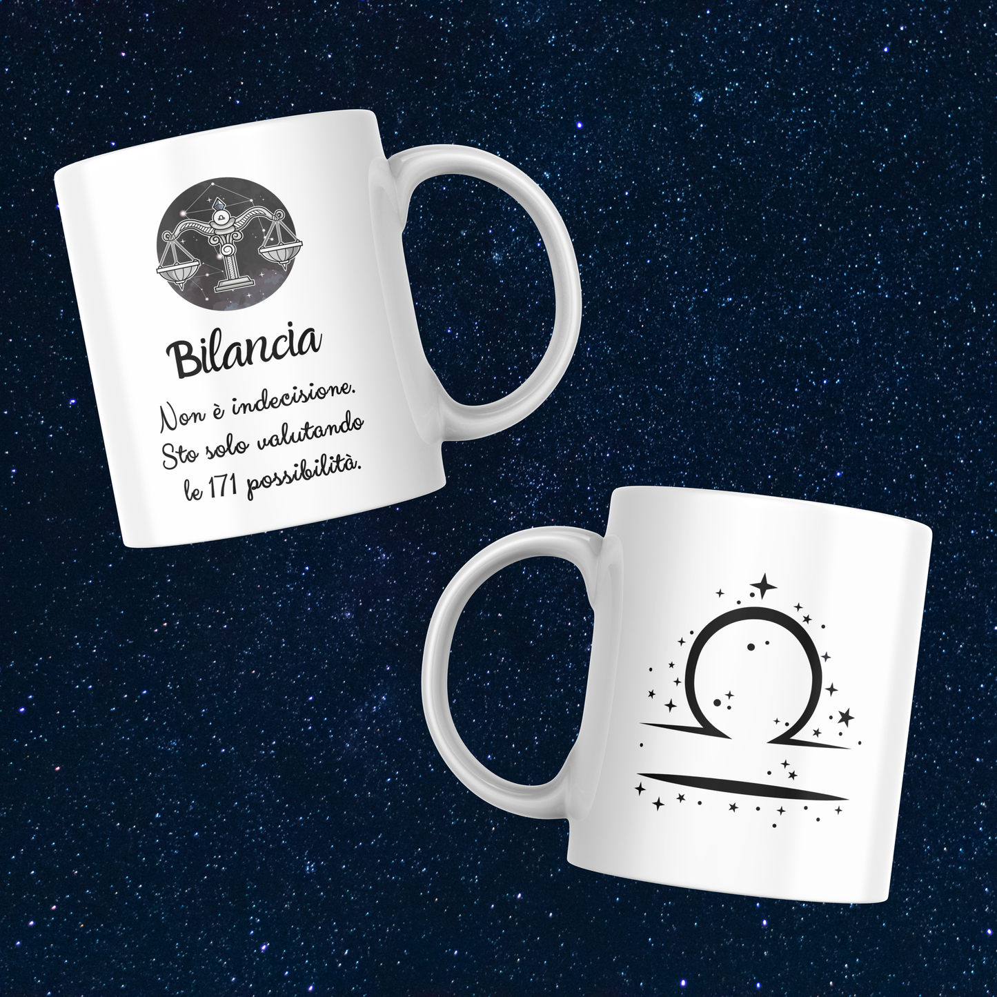 Fronte e retro tazza zodiacale Bilancia su sfondo cielo stellato