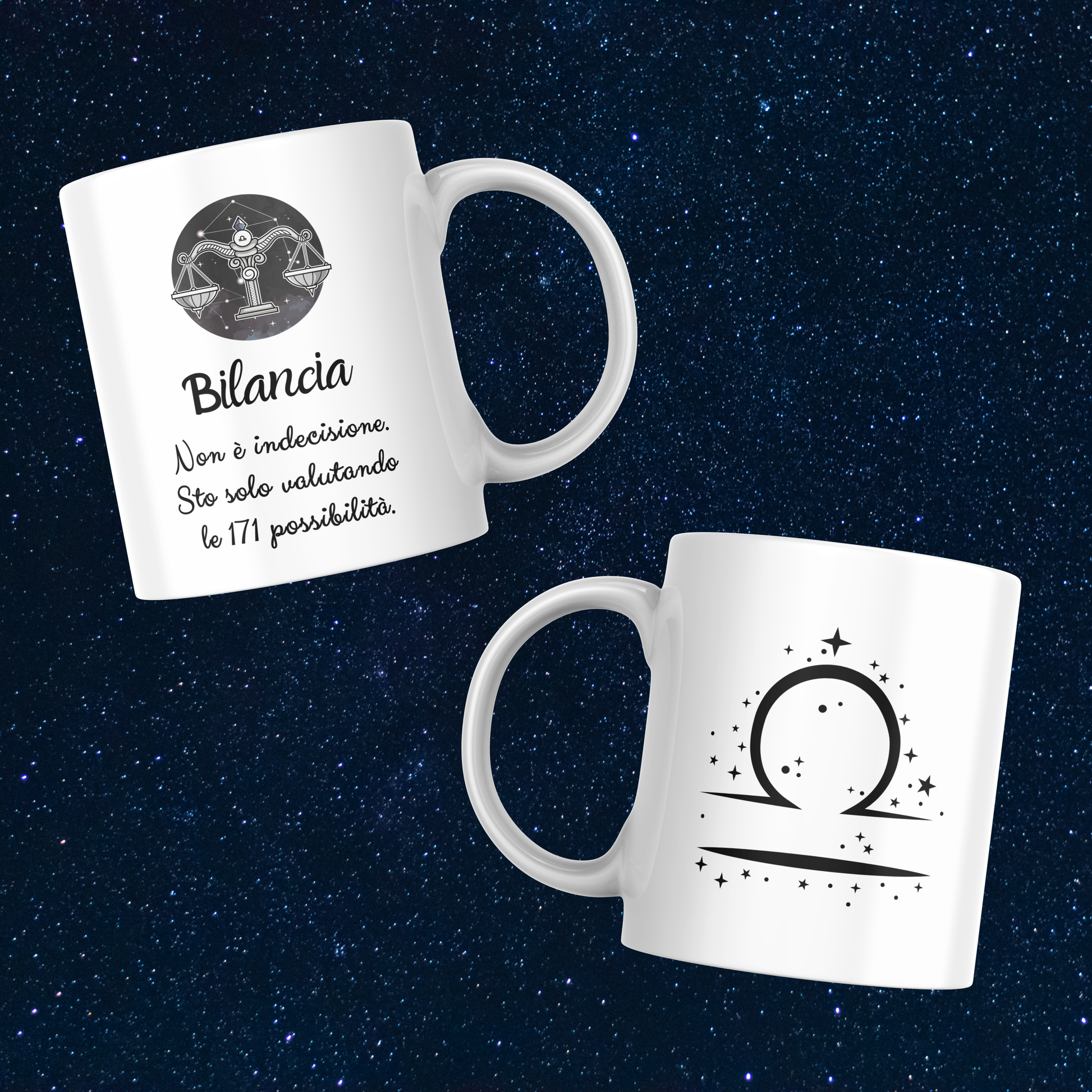 Fronte e retro tazza zodiacale Bilancia su sfondo cielo stellato