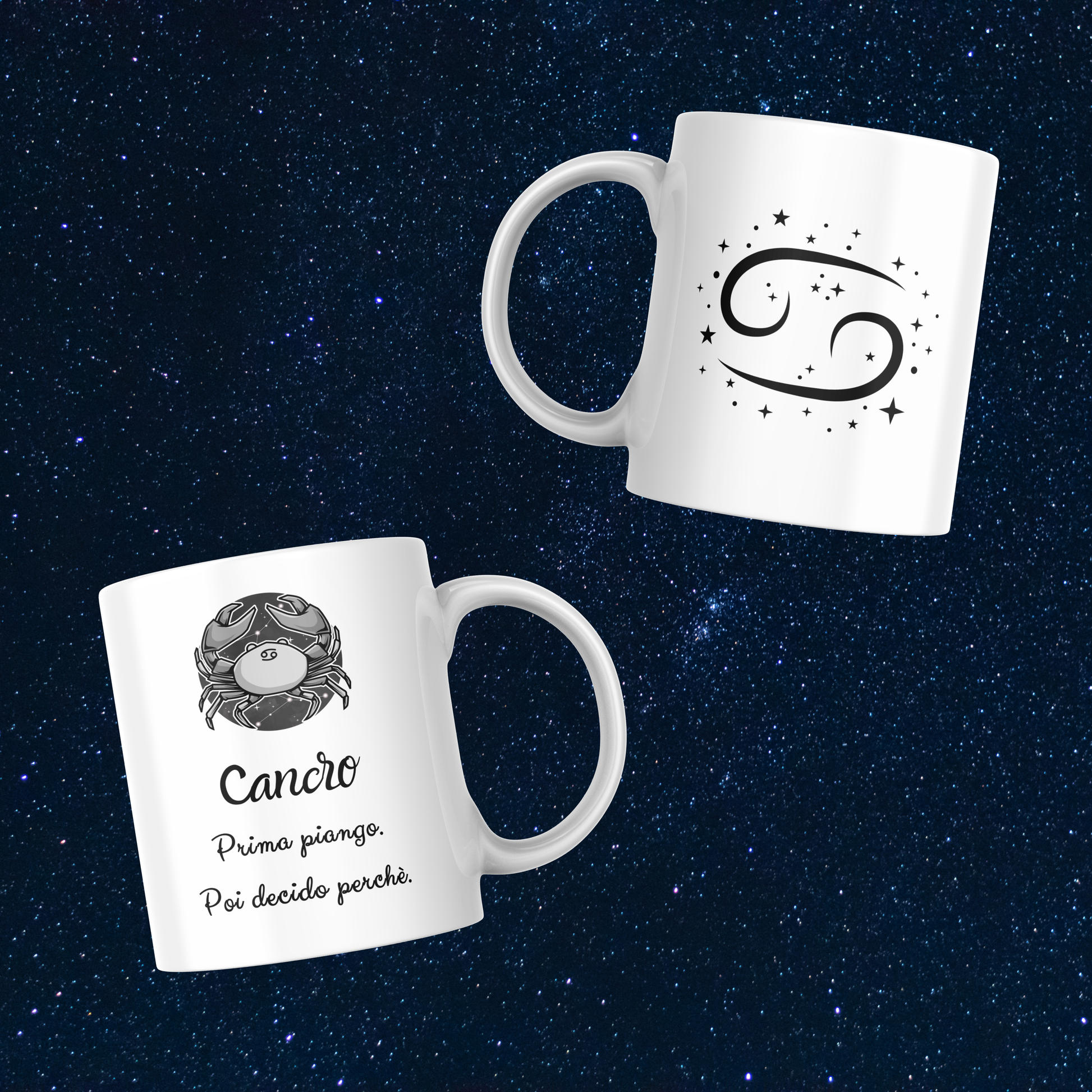 Fronte e retro tazza zodiacale Cancro su sfondo cielo stellato