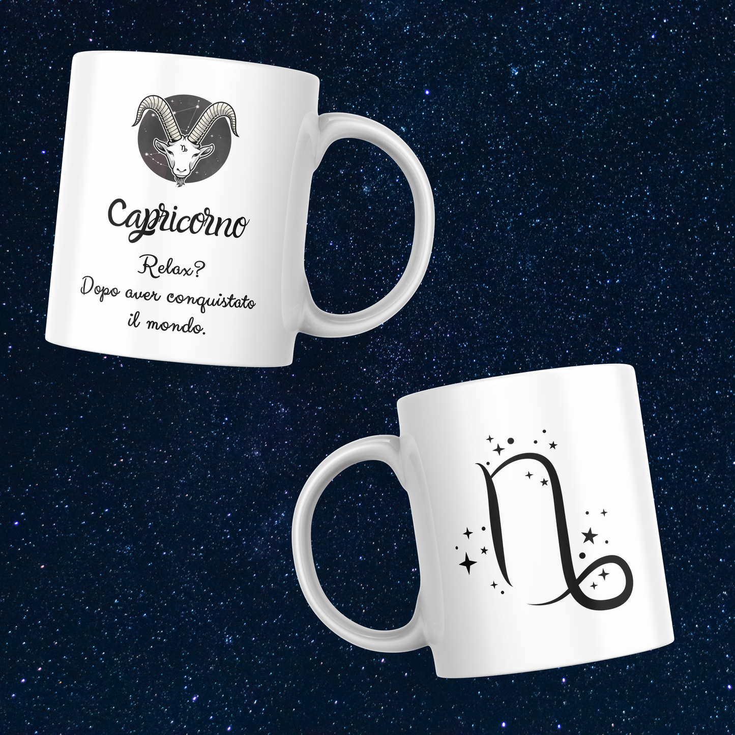 Fronte e retro tazza zodiacale Capricorno su sfondo cielo stellato