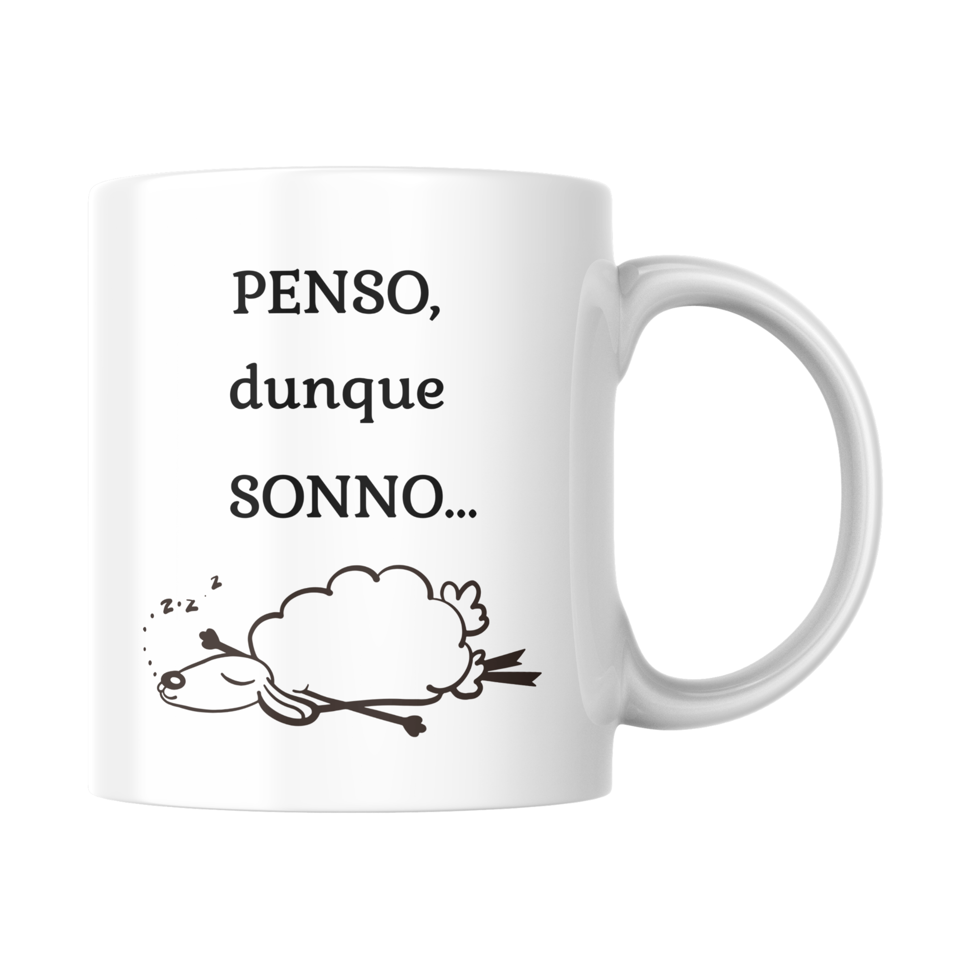 Tazza bianca con scritta "Penso dunque sonno" e immagine stilizzata di una pecora che dorme (fronte)