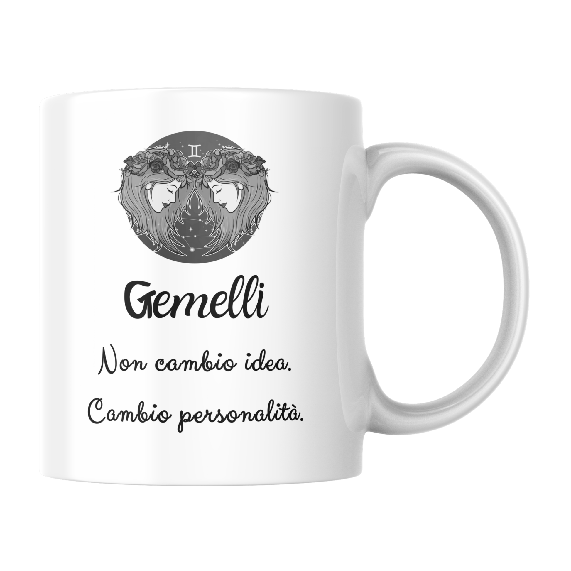 Tazza bianca con immagine stilizzata segno Gemelli e scritta "Gemelli: non cambio idea, cambio personalità" (fronte)