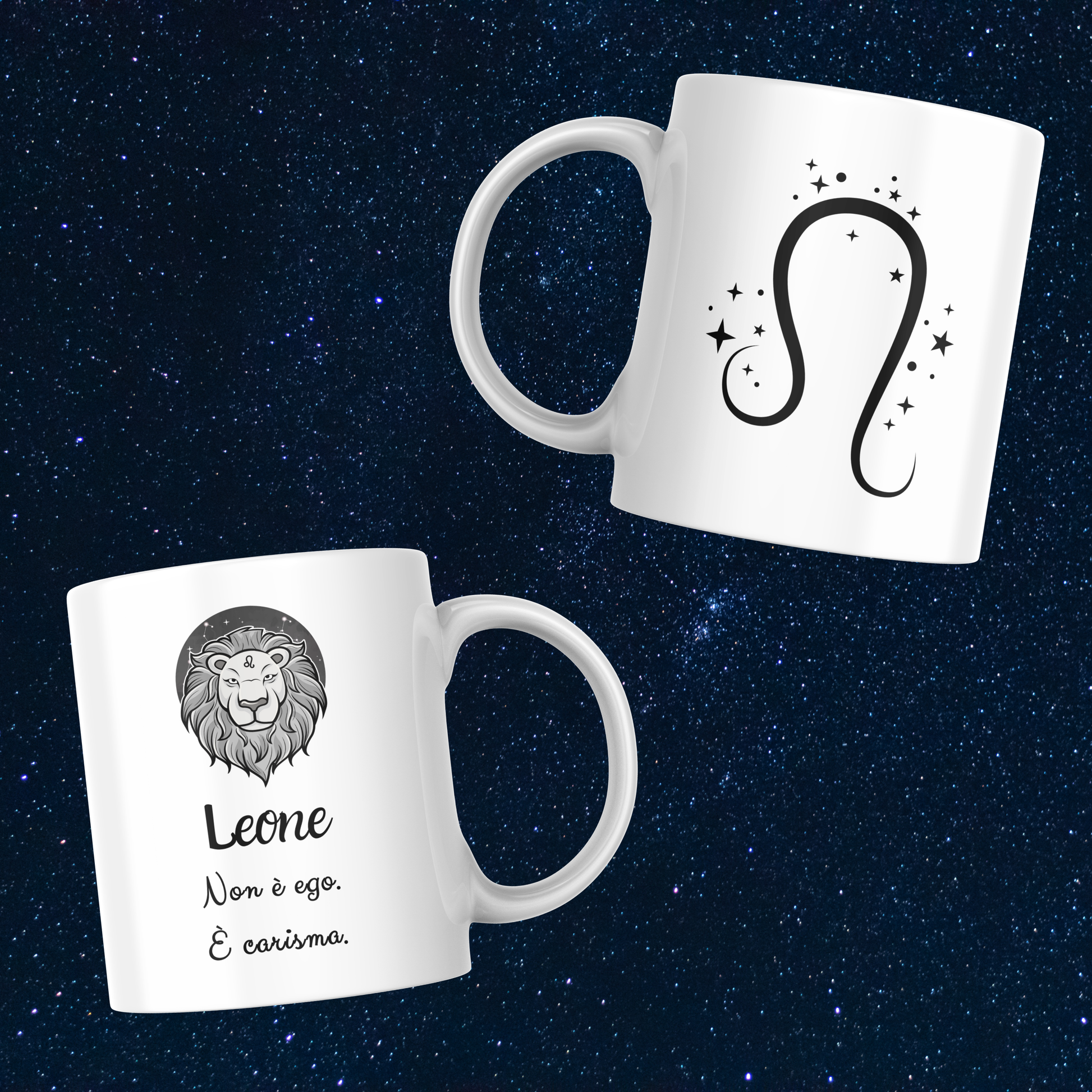 Fronte e retro tazza zodiacale Leone su sfondo cielo stellato