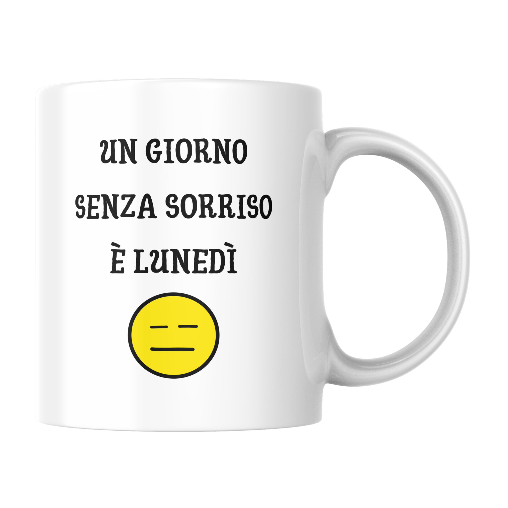 Tazza bianca con scritta "Un giorno senza sorriso è lunedì" e immagine stilizzata faccina seria (fronte)