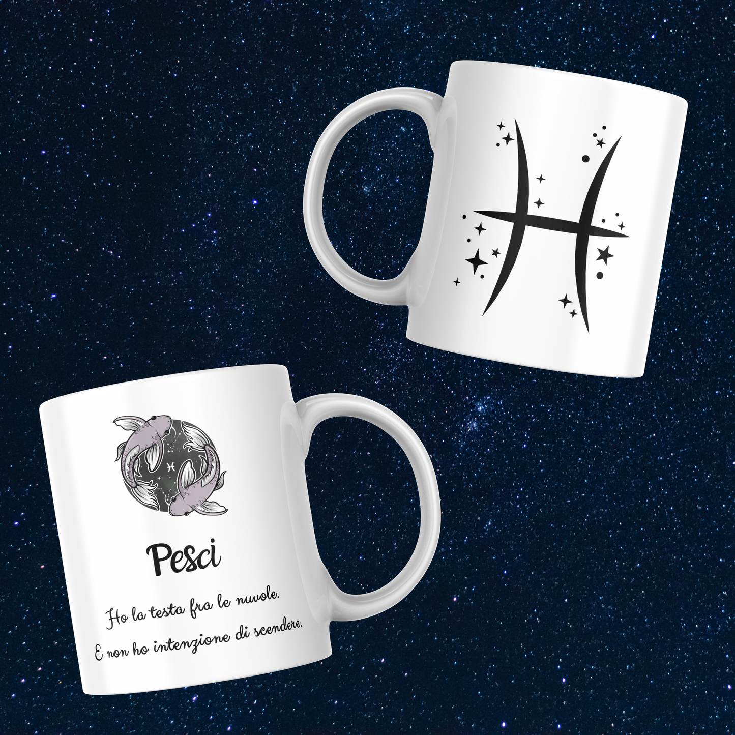 Fronte e retro tazza zodiacale Pesci su sfondo cielo stellato