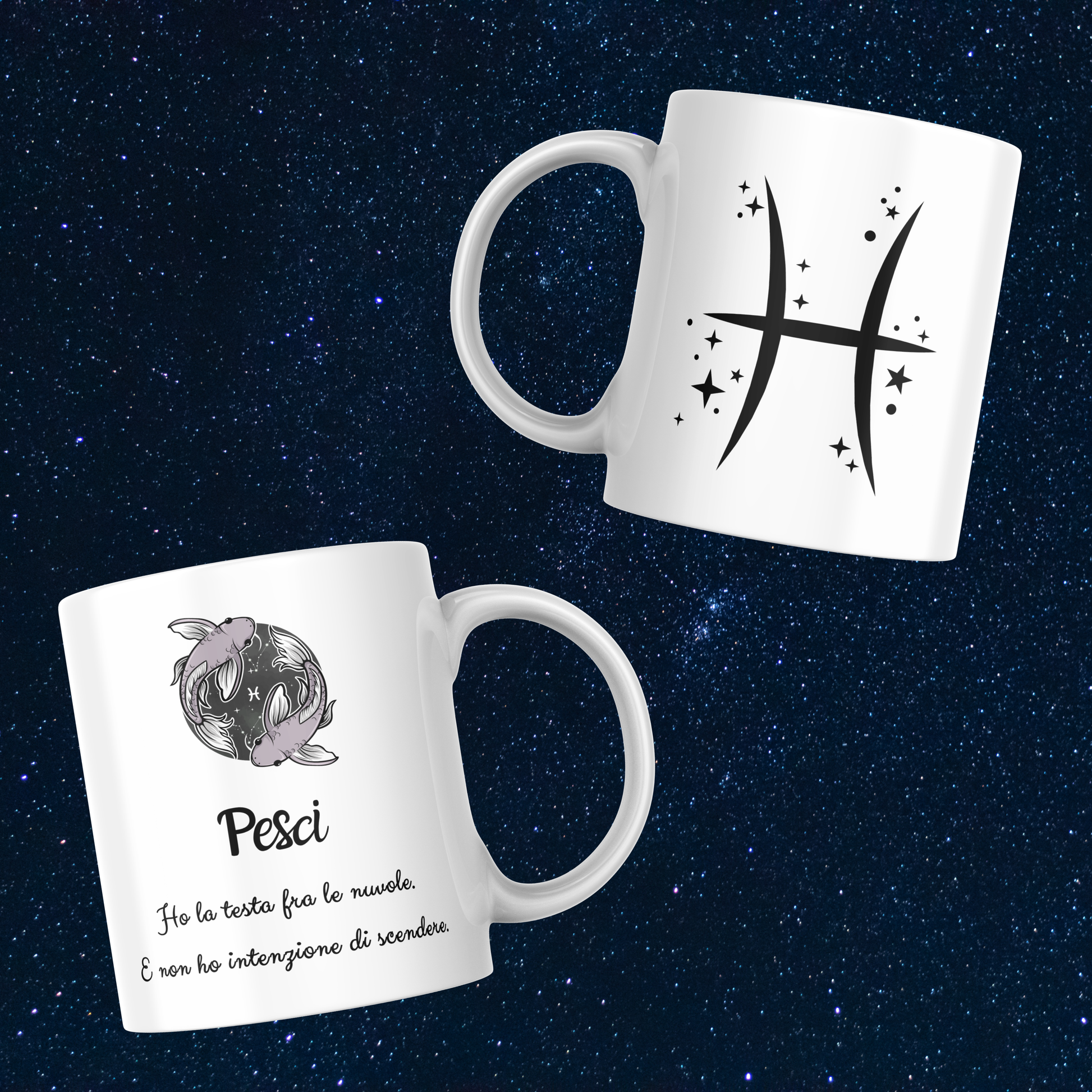 Fronte e retro tazza zodiacale Pesci su sfondo cielo stellato