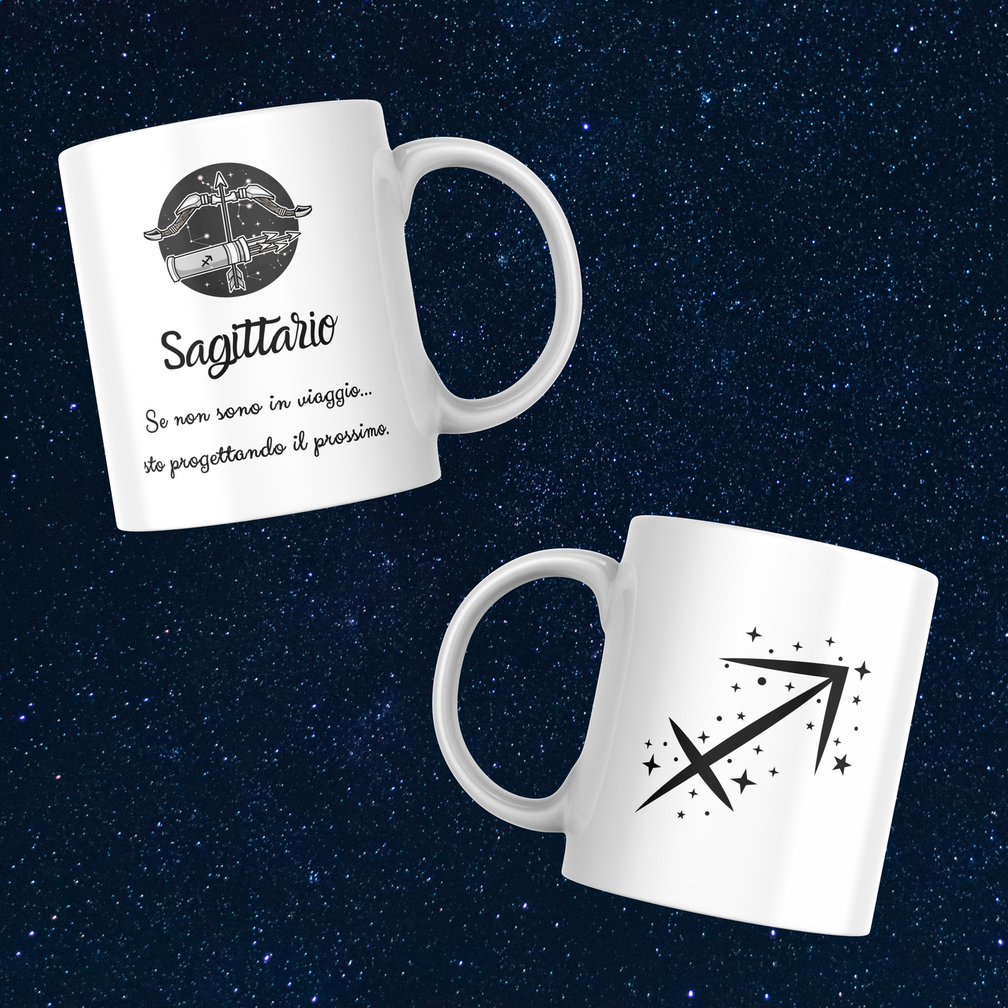Fronte e retro tazza zodiacale Sagittario su sfondo cielo stellato