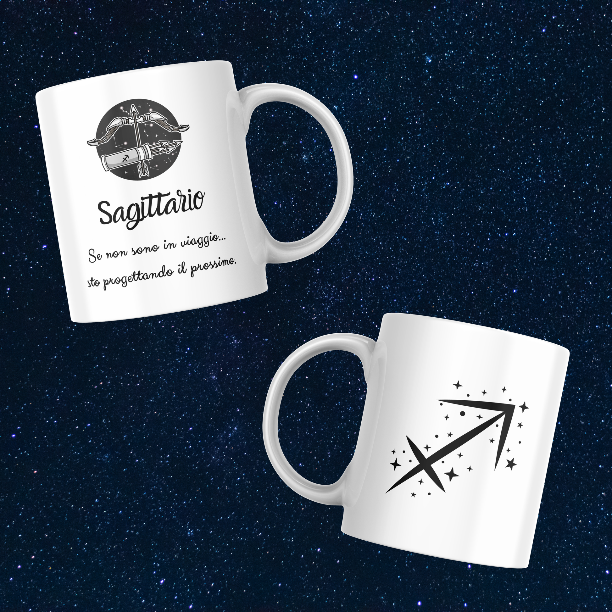 Fronte e retro tazza zodiacale Sagittario su sfondo cielo stellato