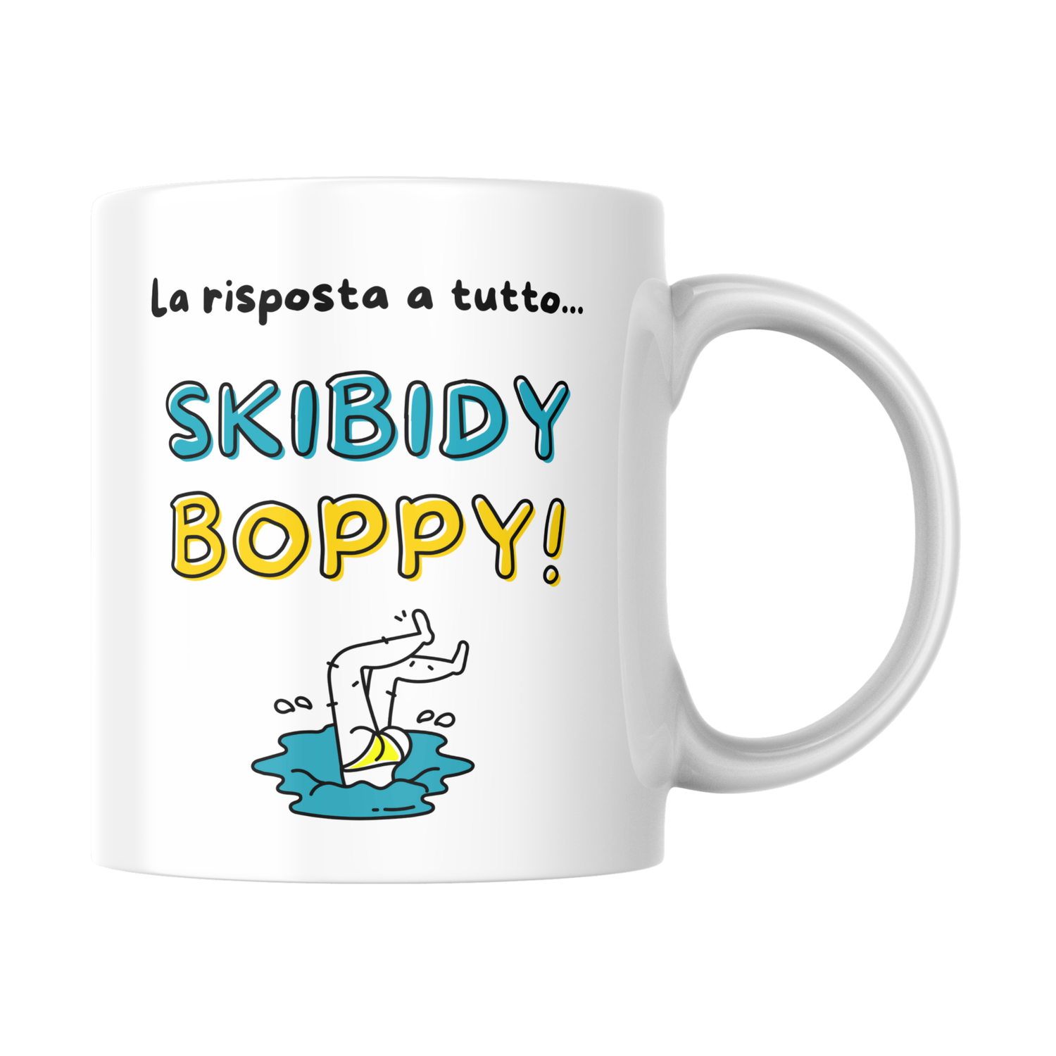 Tazza bianca con scritta "La risposta a tutto... Skibidy Boppy!" (fronte)