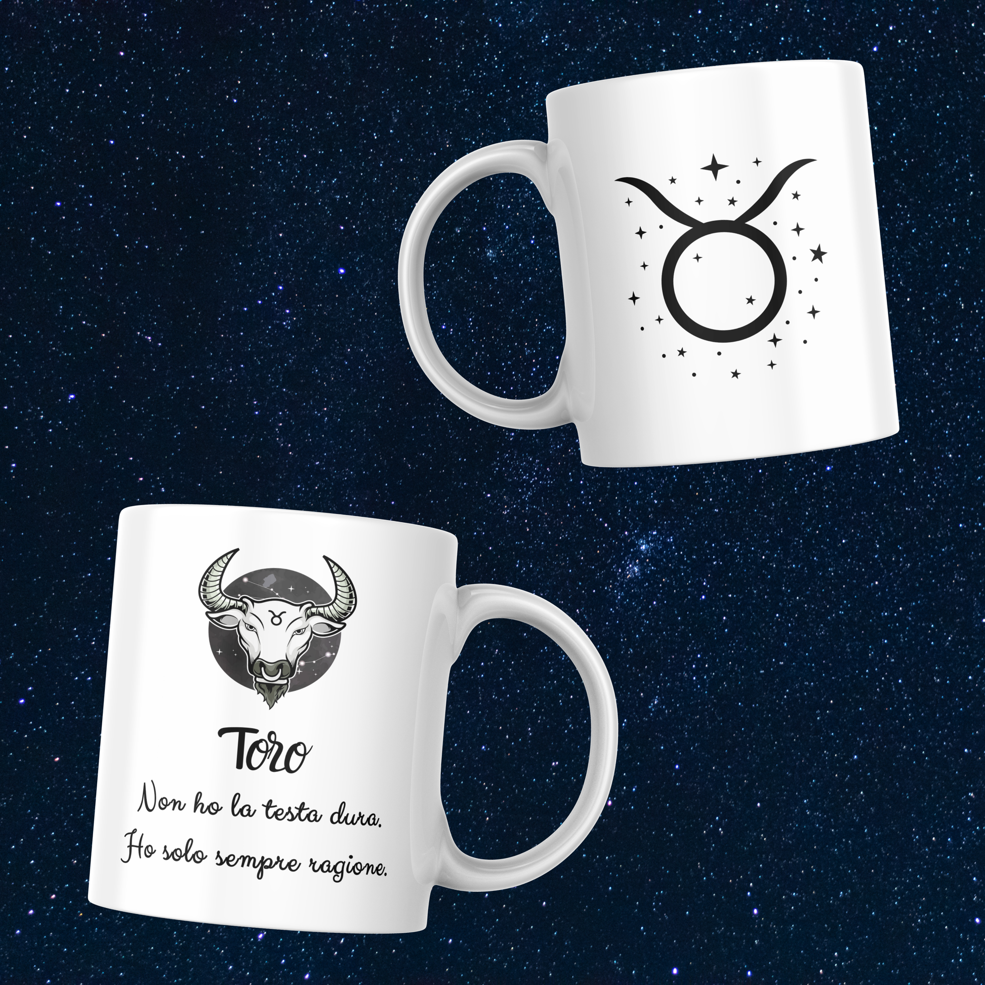 Fronte e retro tazza zodiacale Toro su sfondo cielo stellato