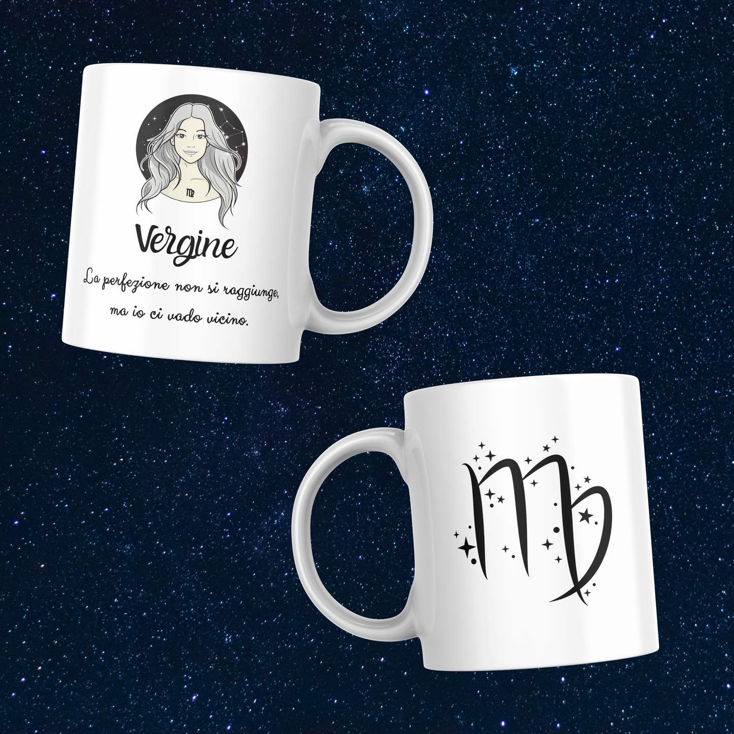 Fronte e retro tazza zodiacale Vergine su sfondo cielo stellato